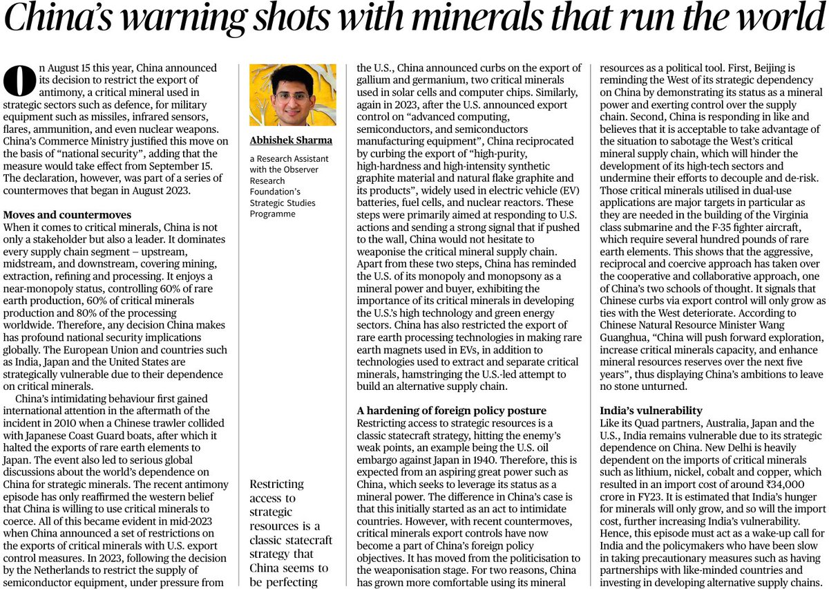 My latest for <a href="/the_hindu/">The Hindu</a> assesses China’s critical minerals curbs, looking at the frequent moves and countermoves and the reasons behind! 

thehindu.com/opinion/op-ed/…