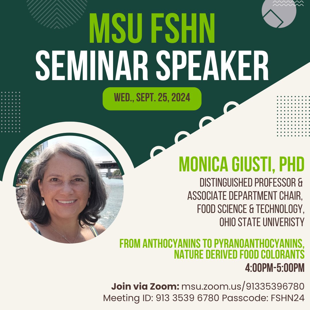 Join us for the first 2024 FSHN Fall Seminar today at 4pm! #FSHN is happy to welcome Dr. Monica Giusti From Ohio State University
Learn more here: loom.ly/xKDZk7E
#MSUFSHN #MSU #MichiganStateUniversity #SpartansWill #SeminarSeries #Speaker