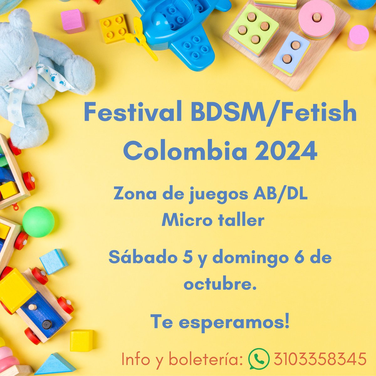🍼✨ ¡Atención, comunidad ABDL y Littles! ✨🍼
En el Festival BDSM Fetish Colombia 2024, hemos creado un espacio especial solo para ustedes. ¡Ven a disfrutar, socializar y expresarte en un ambiente seguro y acogedor! 🌈
Info y boletería: wa.me/3103358345
