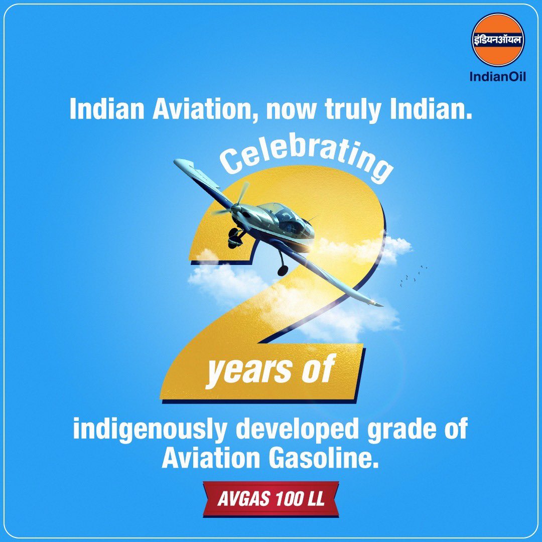 ChairmanIOCL's tweet photo. Celebrating 2 years of powering Indian skies with indigenously produced #AVGAS100LL! ✈️ IndianOil's trusted niche fuel has been at the forefront of fuelling smooth journeys for aviation enthusiasts, small aircraft, and training flights across the nation.

We are proud to be among the select few globally to produce and export this advaned fuel, embodying the 'Make in India for the World' vision.

As we continue to power India's aspirations to become self-reliant, here's to many more years of taking dreams to new heights through our innovative product offerings!

#IndianOil #AviationFuel #FuellingDreams #2YearsOfAVGAS100LL