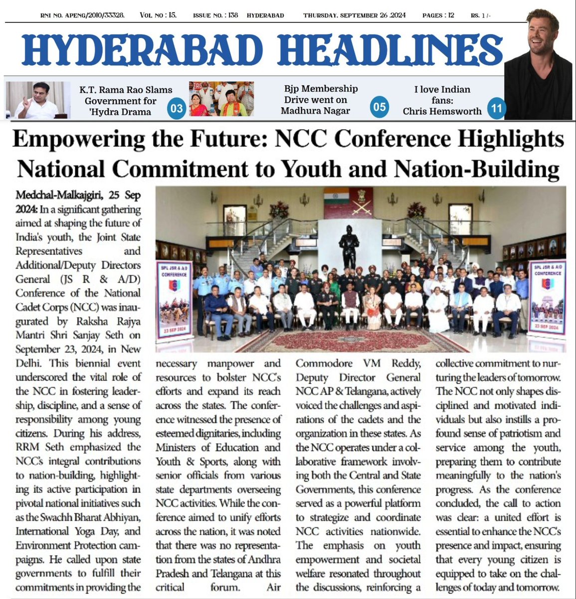 Hyd_Headlines's tweet photo. RRM Shri Sanjay Seth inaugurated the NCC Conference in New Delhi, highlighting its role in nation-building. While AP &amp; Telangana were absent, DDG Air Commodore VM Reddy raised key issues. Let’s empower our youth! @NccDteAPandT @dprohyd @DefenceMinIndia @HQ_DG_NCC  #NCC @IAF_MCC https://t.co/N9EjX73vzY