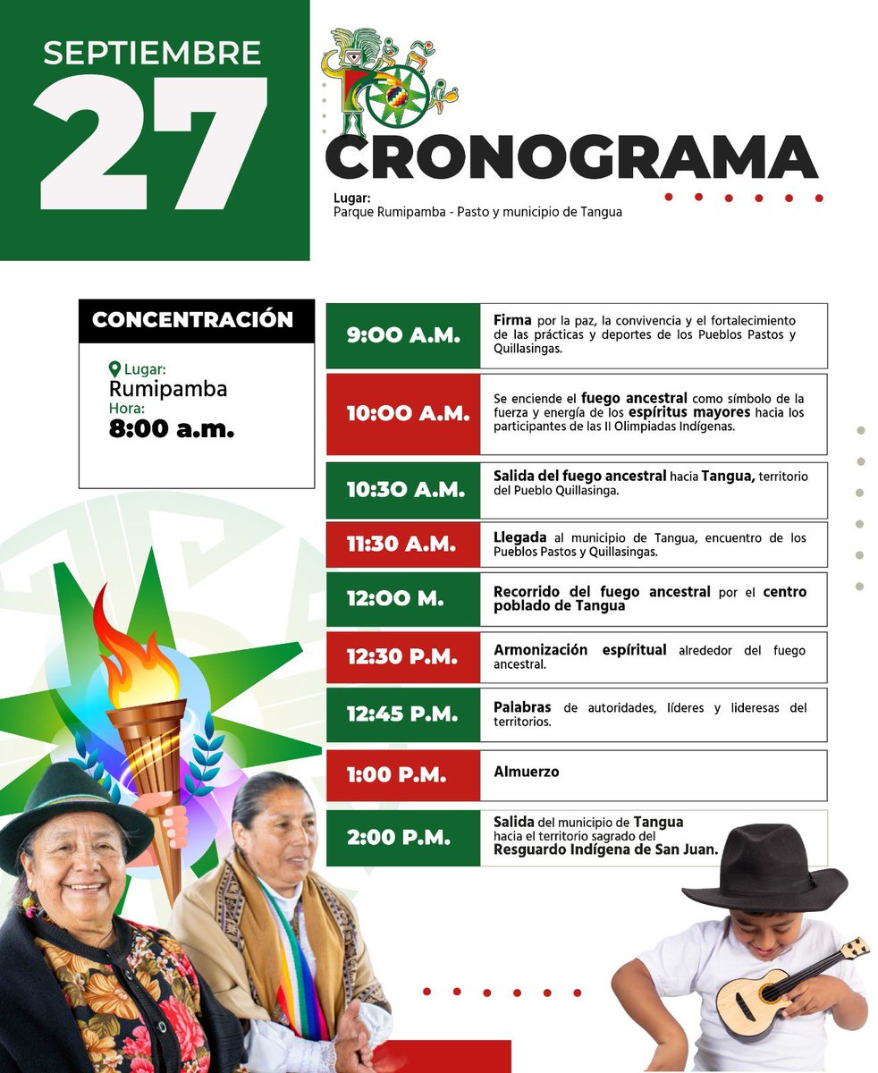 ⚽️Este viernes 27 de septiembre, inicia la inauguración de las II Olimpiadas Indígenas de los Pueblos Pastos y Quillasingas en el Parque Rumipamba y el municipio de Tangua. 

🏀¡Participa en la gran inauguración de las II Olimpiadas Indígenas!

#olimpiadaspastosyquillasingas