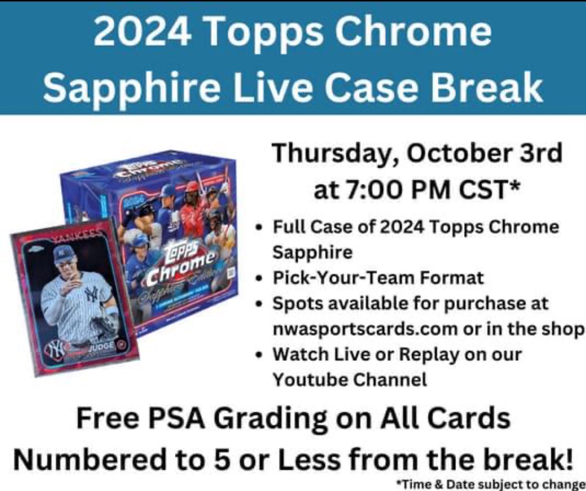 We are doing our first break with our card shop <a href="/nwasportscards/">NWA Sports Cards</a> and it’s a big one! 2024 Topps Chrome Sapphire has been 🔥🔥🔥! 

You can claim on our website nwasportscards.com! Jump in on the fun!
@DanSpeed10 <a href="/BourbonInvestm2/">Bourbon Invesments 2</a> <a href="/collec_sport/">Coffee Card Guy</a> <a href="/Nick_RAJ13/">Nick</a> <a href="/CentertonCards/">Centerton Cards</a>
