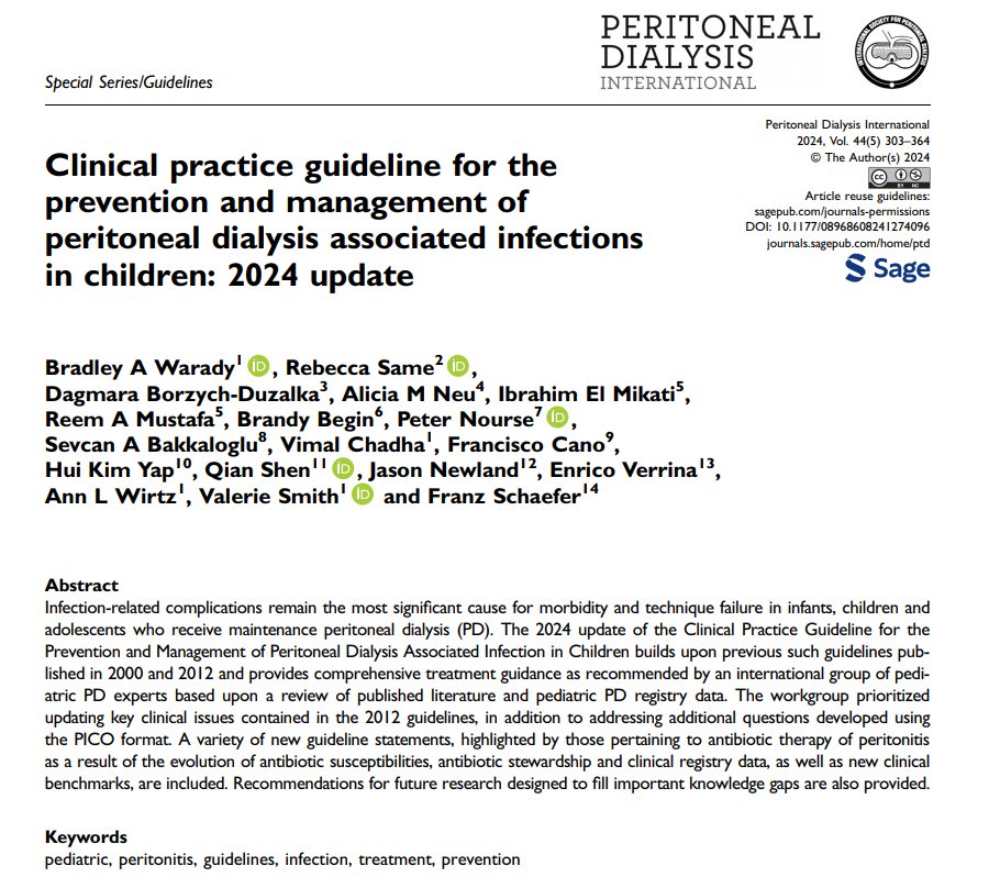 Peritoneal Dialysis International Journal (@pdi_journal) on Twitter photo #ISPD24
Just in time for the start of the <a href="/ISPD1/">Int. Soc. for Peritoneal Dialysis</a> 40th Anniversary Congress, the Pediatric Peritoneal Dialysis Associated Infections Guideline 2024 has been released.
journals.sagepub.com/doi/10.1177/08…
#OpenAccess
<a href="/PD_Perls/">Jeff Perl</a> <a href="/funsocdoc/">Brad Warady</a> #ISPD24
Just in time for the start of the <a href="/ISPD1/">Int. Soc. for Peritoneal Dialysis</a> 40th Anniversary Congress, the Pediatric Peritoneal Dialysis Associated Infections Guideline 2024 has been released.
journals.sagepub.com/doi/10.1177/08…
#OpenAccess
<a href="/PD_Perls/">Jeff Perl</a> <a href="/funsocdoc/">Brad Warady</a>