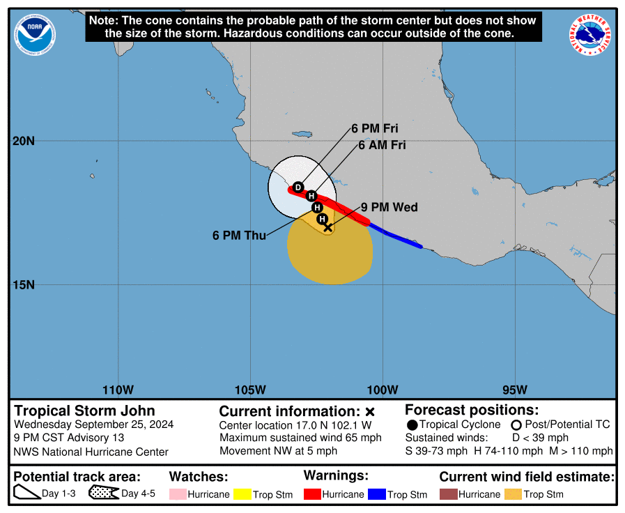 LimWeather's tweet photo. 65mph #TropicalStorm #John to landfall in W #Guerrero/#Jalisco,#Mexico esp W of #Acapulco as 90mph C1 #Hurricane or even C2!
ALL Interests there should begin preps now!
#HurricaneSeason2024 #Hurricaneseason #WxX #Wxtwitter #tropicswx #HurricaneJohn #TropicalstormJohn https://t.co/wCjP5wzd47