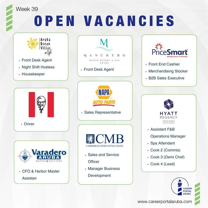 CPAruba's tweet image. New Week, New opportunities are up! New vacancies are available NOW! #Week39
Check them out on our website! To learn more, head over to: buff.ly/3TaNRux and get started today!
•
•
•
#vacancies #careerportalaruba #jobs #aruba #careerswitch