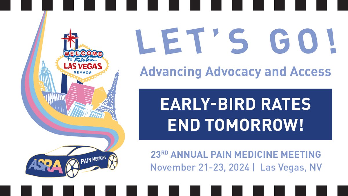 🏁🏎️ Don't stall out on these savings... early-bird rates for the premier #painmedicine meeting end TOMORROW, September 26th at 11:59 PM ET! Snag your #ASRAFALL24 savings at asra.com/pain