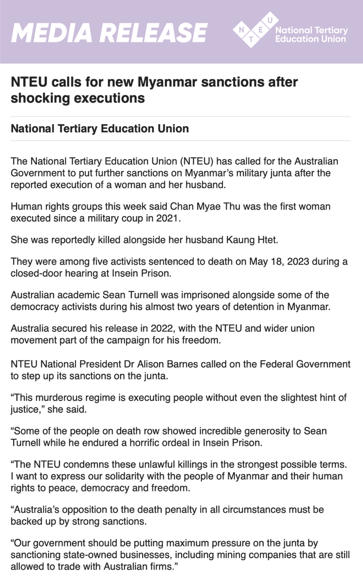 “The NTEU condemns these unlawful killings in the strongest possible terms. I want to express our solidarity with the people of Myanmar and their human rights to peace, democracy and freedom.” – Alison Barnes, NTEU National President #WhatsHappeningInMyanmar