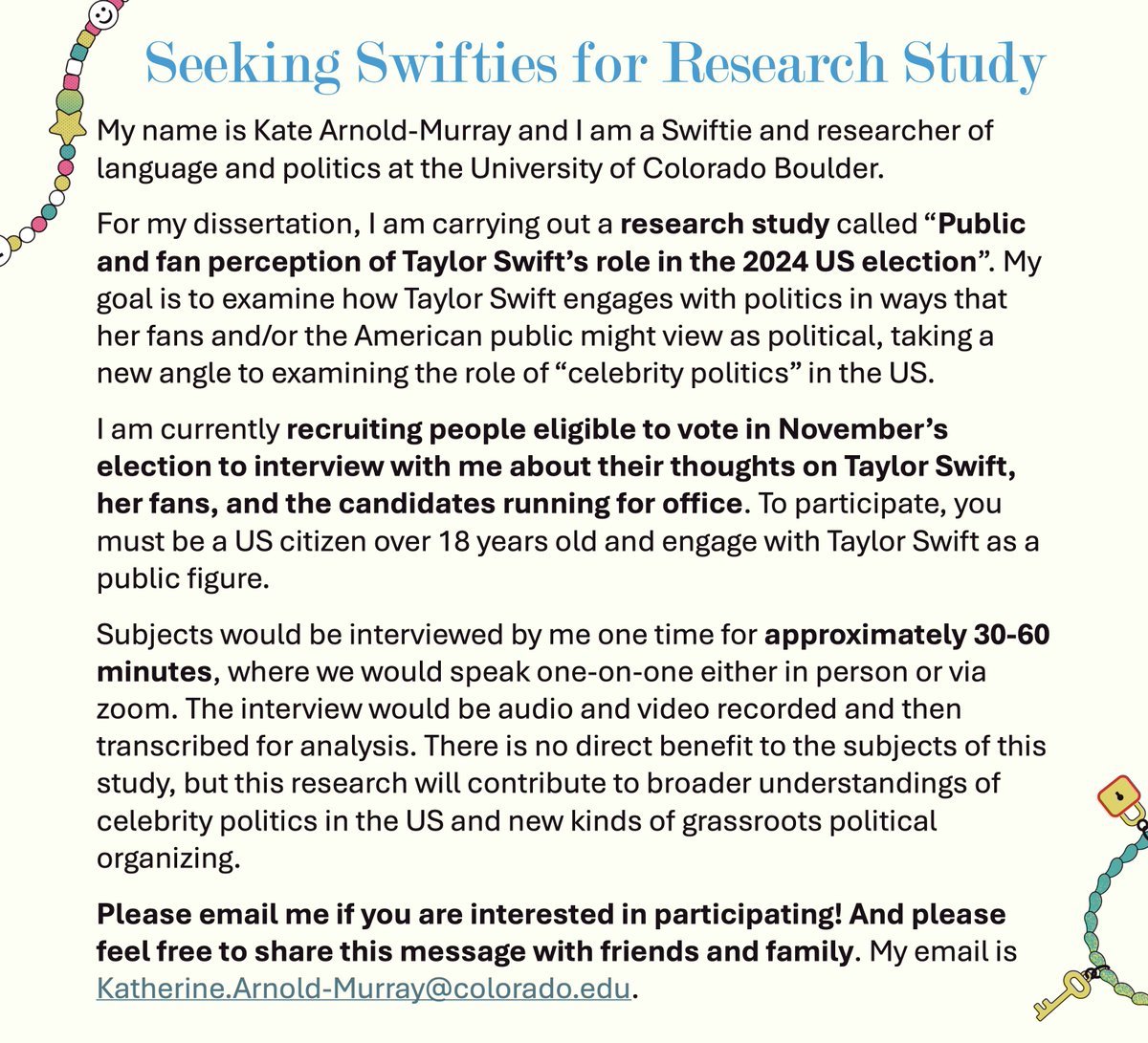 For my dissertation research on language &amp; politics at the University of Colorado, I am recruiting subjects who are Taylor Swift fans to interview with me for 30-60 minutes. Please see infographic below and feel free to share widely #taylorswift #swiftie