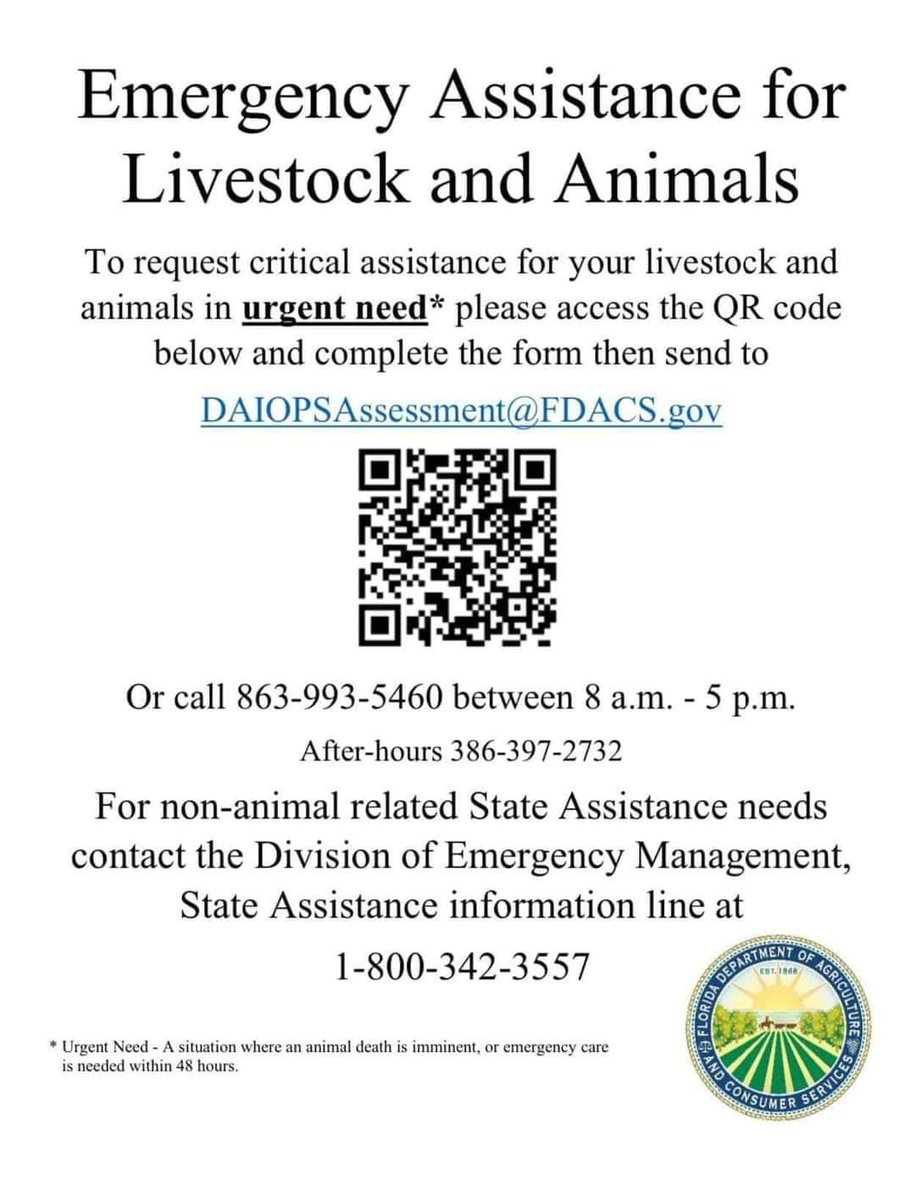 Jr3597's tweet photo. #Florida "#HurricaneHelene: To request critical assistance for #livestock and #animals in urgent need please visit the link below and complete the form then send to DAIOPSAssessment@FDACS.gov"

https://t.co/RXqMVf7VKM

OP: https://t.co/TbWrAIkT7X https://t.co/8pk6UMZs7M