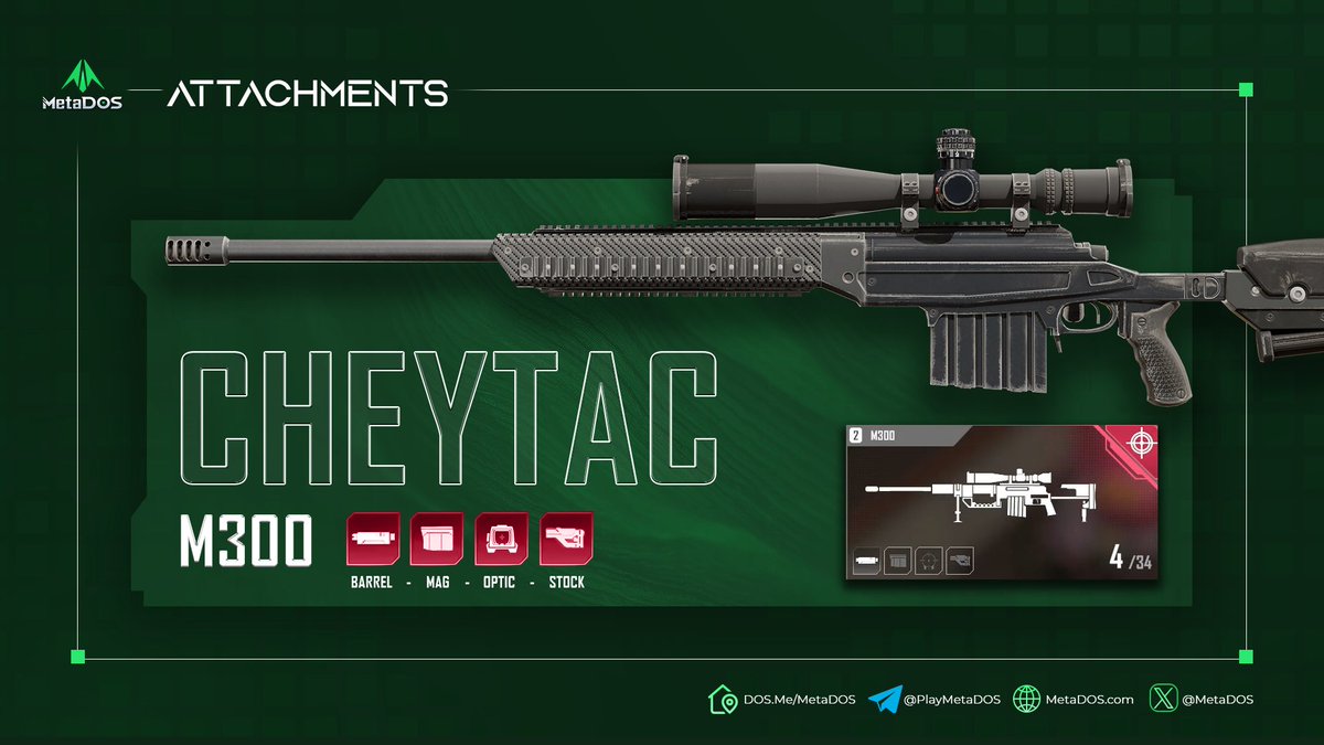 🔫CheyTac M300 𝗔𝗧𝗧𝗔𝗖𝗛𝗠𝗘𝗡𝗧𝗦 🔫

🎯CheyTac M300 is a type of long-range sniper rifle, renowned for its accuracy and effectiveness at great distances. With exceptional performance, it is also a rifle frequently used by hunters in MetaDOS.  

💥Let's explore how Hunters