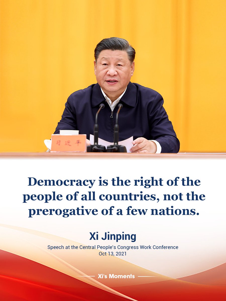 XisMoments's tweet photo. Democracy is a value shared by all humanity and an ideal that the Communist Party of China and the Chinese people have always upheld, said President Xi Jinping. Here are some highlights of Xi's remarks on democracy. (4)
#XiQuotes #XiJinping https://t.co/ts8AVacUuP