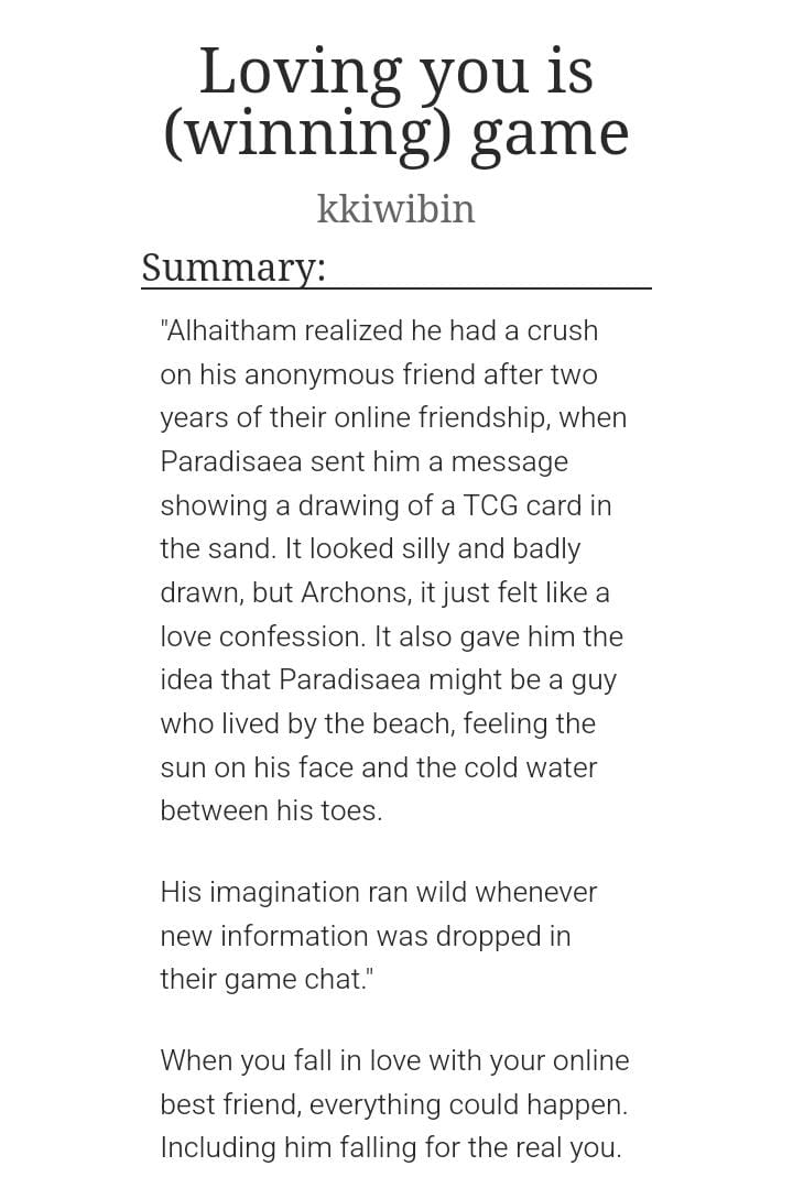 🌱🏛️ #haikaveh — loving you is a (winning) game.

 this was one of the first comissions i got, from <a href="/Michele_707/">Michele</a>. it's a cute, silly love story. two gamers who love each other (but they have no idea about that). thank you again, for the trust!

🔗: archiveofourown.org/works/59218213