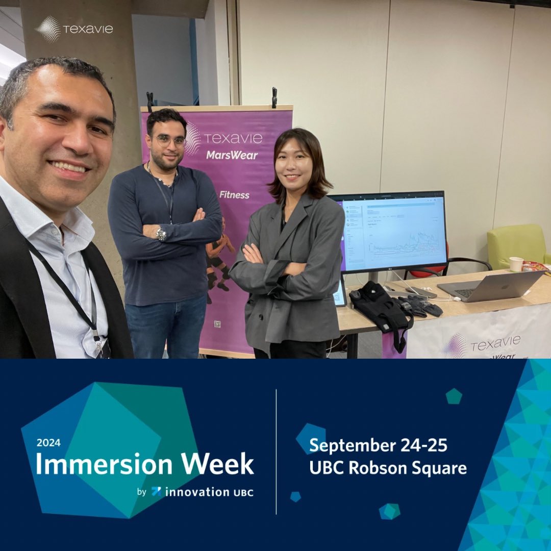 TexavieInc's tweet photo. MarsWear Smart Apparel +Apps + AI for interaction, health sports and robotics at Immersion Week 2024 at UBC Robson Square, Vancouver! Proud of our amazing team and their game-changing products! #innovation #ai #wearables #healthtech #digitalhealth #robotics https://t.co/PAe4HBh6ES