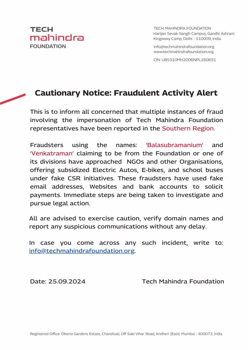 techmahindracsr's tweet image. Important Notice 👇
#CautionaryNotice #FraudulentActivityAltert #OnlineSafety