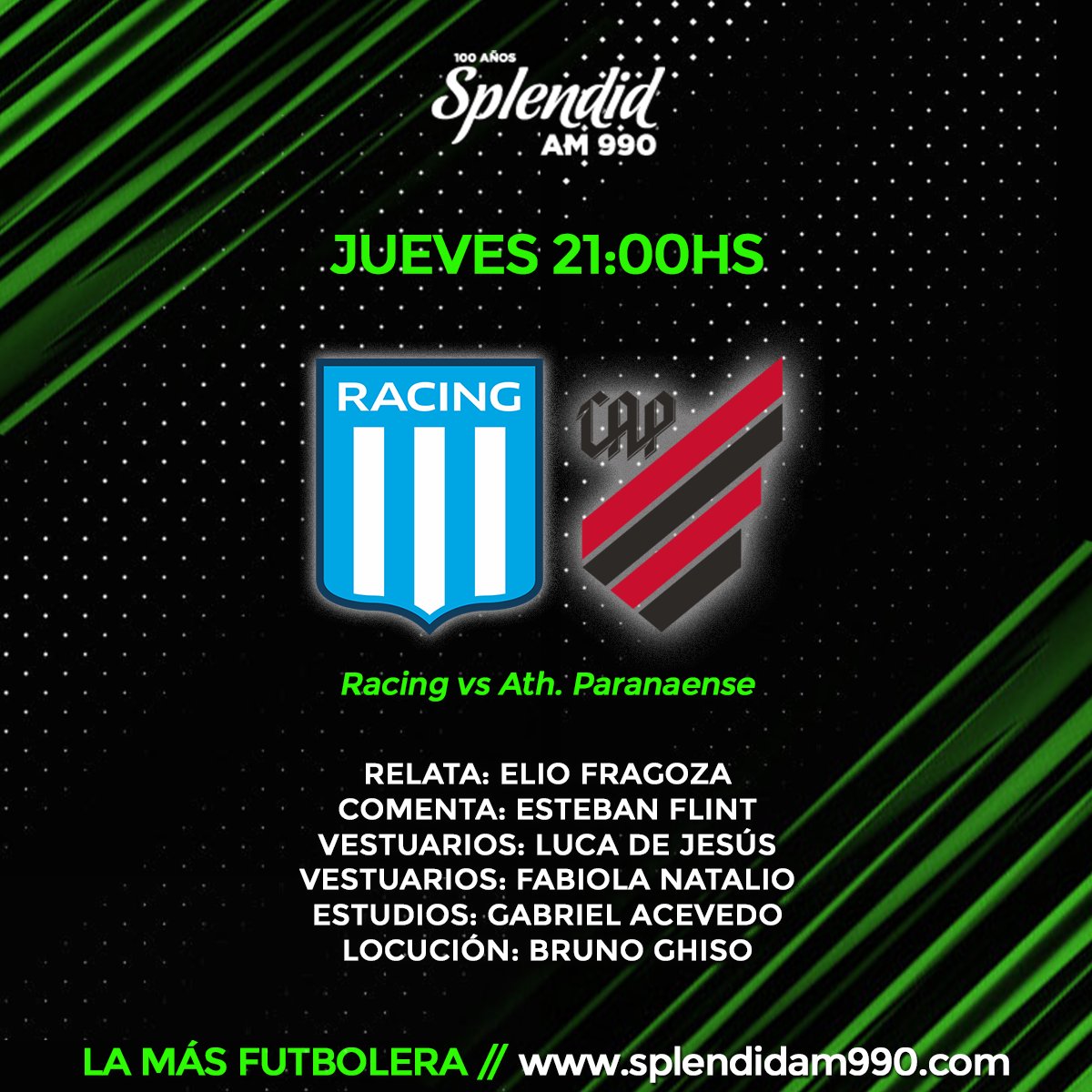 𝓗𝓸𝔂 𝓼𝓮𝓻𝓪 𝓷𝓸𝓬𝓱𝓮 𝓭𝓮 𝓒𝓸𝓹𝓪 𝓮𝓷 𝓮𝓵 𝓒𝓲𝓵𝓲𝓷𝓭𝓻𝓸 

#Racing buscará dar vuelta la serie vs #Paranaense (0-1) para poder alcanzar las semis de #Sudamericana 🏆🎓

A las 21hs por <a href="/splendidam990/">Splendid AM 990</a> con <a href="/fragoza_elio/">Elio Fragoza</a> <a href="/EstebanFlint/">Esteban Flint</a> <a href="/FabiolaNatalio/">Fabiola Natalio</a> <a href="/DataCasla/">Gabriel Acevedo</a> <a href="/bru_ghiso/">Bruno</a>