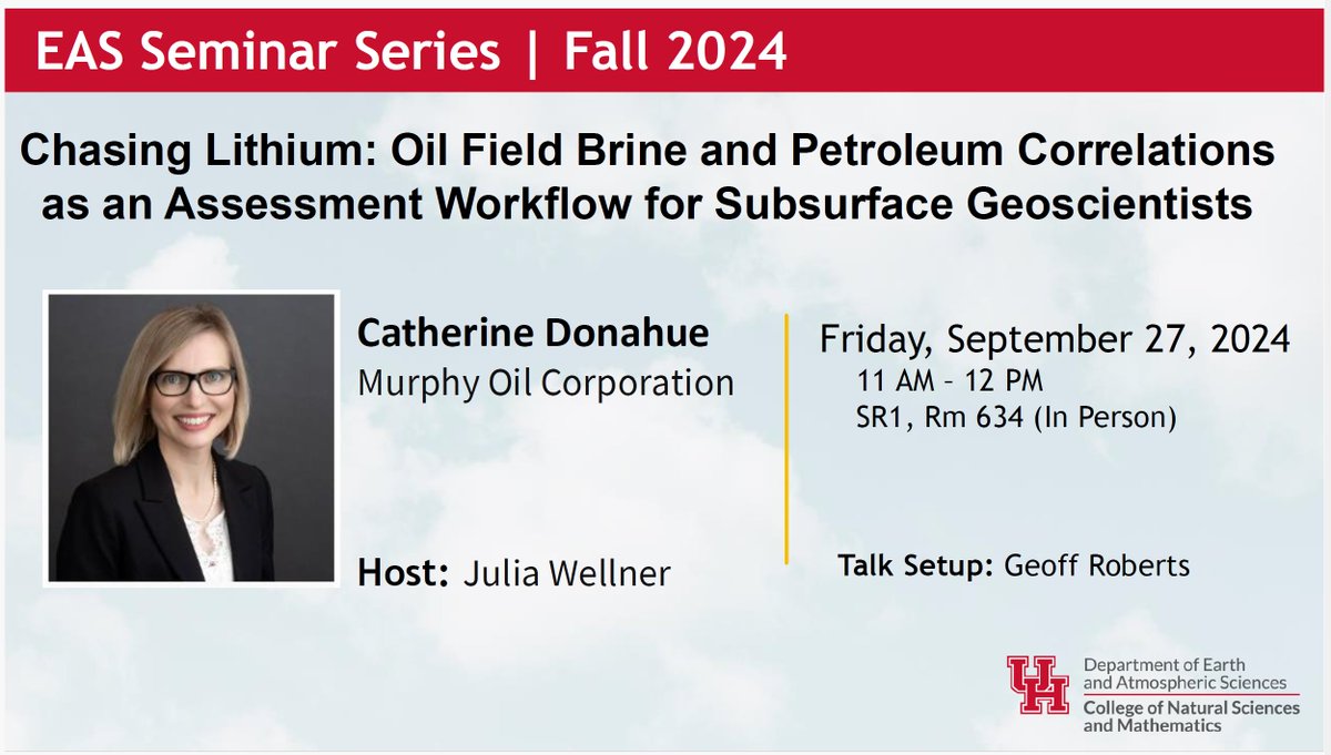Interested in lithium? Join us this Friday for a talk by Catherine Donahue from Murphy Oil Corporation as part of the 2024 Fall EAS Departmental Seminar Series. #Lithium #OilFieldBrine