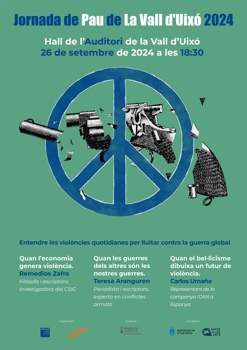 CentreDelas's tweet photo. Aquesta tarda no vos perdeu la Jornada de Pau de #LaValldUixo que ens ajudarà a entendre les violències quotidianes de la mà de: 
▪️La filòsofa @RemediosZafra
▪️La periodista @TereAranguren
▪️L'activista @Car_Uma 
Modera la investigadora @ticafont
Més a📷👉https://t.co/kgCOMW9jU7 https://t.co/GGCerHHmLi
