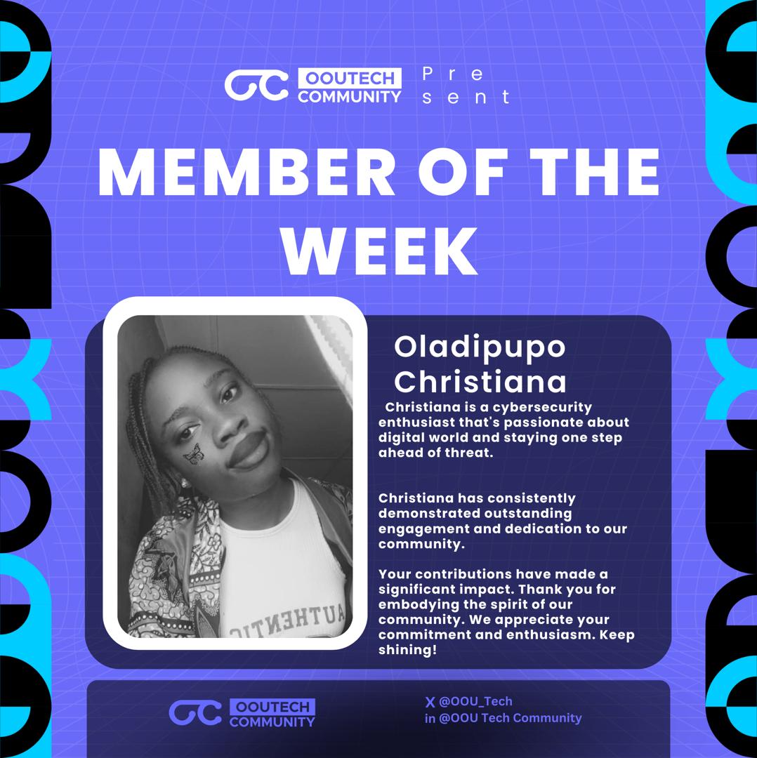 OOU_Tech's tweet image. This week, we&apos;re shining the spotlight on @Christiana59358 , an incredible member that embodies the spirit of our community 🎉

Drumroll pleaseeee 🥁 🥁
Our member of the week is Christiana.  
Let it rain congratulations guys🥳💃🏽
#memberspolightOTC
#OTC #OOUTECHCOMMUNITY