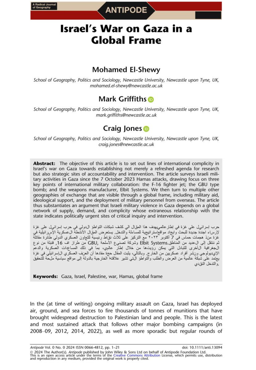 Antipode (@antipodeonline) on Twitter photo New #OpenAccess article, "Israel's War on Gaza in a Global Frame", by <a href="/MoShewy/">Mohamed El-Shewy</a> <a href="/casesofyou/">mark griffiths</a> <a href="/thewarspace/">Craig Jones</a> doi.org/10.1111/anti.1… New #OpenAccess article, "Israel's War on Gaza in a Global Frame", by <a href="/MoShewy/">Mohamed El-Shewy</a> <a href="/casesofyou/">mark griffiths</a> <a href="/thewarspace/">Craig Jones</a> doi.org/10.1111/anti.1…
