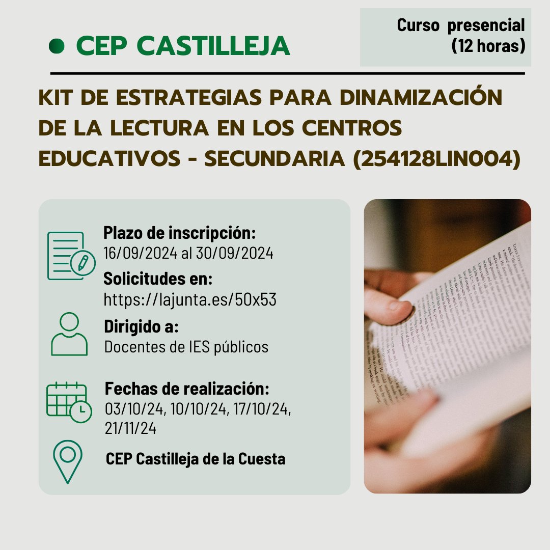 🔊Curso presencial➡️"KIT DE ESTRATEGIAS PARA DINAMIZACIÓN DE LA LECTURA"

💡Si necesitas ideas, estrategias y recursos para implementar la lectura en tu materia, esta actividad será de gran ayuda📚

📝Plazo de solicitudes hasta el 30/09/2024 en lajunta.es/50x53