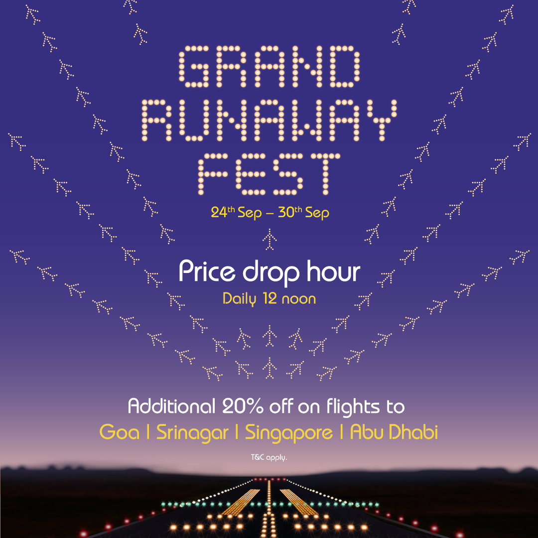 IndiGo6E's tweet photo. IndiGo’s Grand Runaway Fest is live. Fly with fares starting at ₹1111 and get instant 15% off when you book using BOBCARD and Federal Bank Credit Cards.
 
Book now on IndiGo web or app.
 
#goIndiGo #GrandRunawayFest #LowFareAlert #IndiGoApp #IndiGoSale #PriceDrop