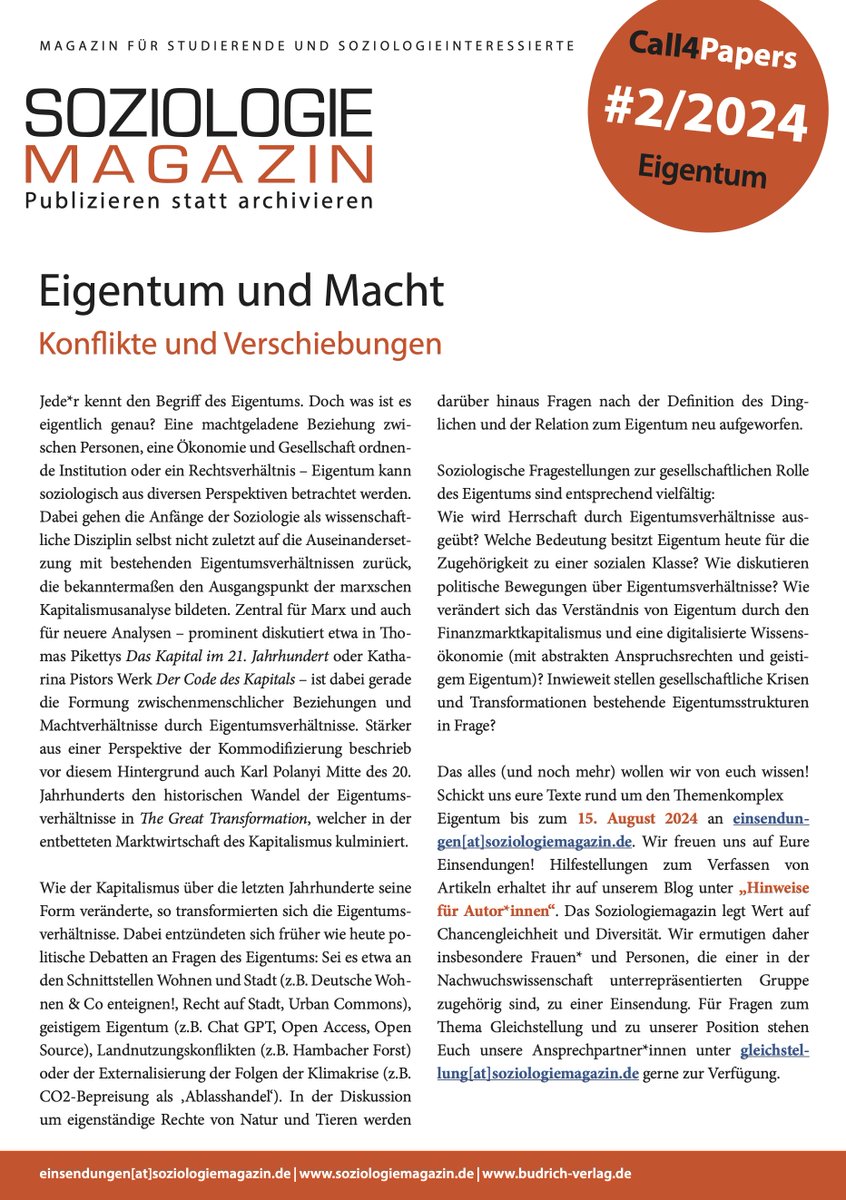 Jetzt aber schnell!

Unser #CfP zum Thema #Eigentum läuft noch bis Sonntag. Wir freuen uns über eure Einreichungen!

Weitere Infos unter: tinyurl.com/324hxnb5

#Soziologie #SozMag