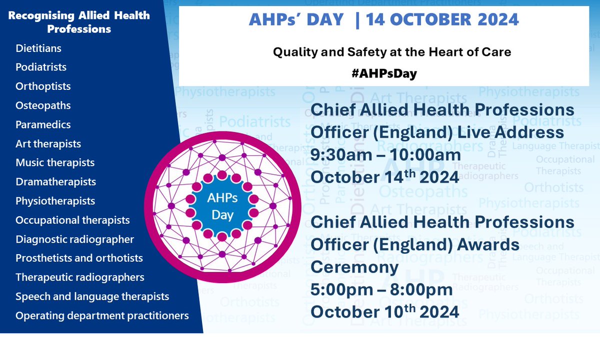 College Of Operating Department Practitioners (@collegeodp) on Twitter photo π£ AHPs Day - Monday 14th October 2024.
AHPs Day is approaching - The theme for this year is βQuality and Safety at the Heart of Careβ.
For further information and resources visit Future NHS: tinyurl.com/uky6sn2f
<a href="/SuzanneRastrick/">Suzanne Rastrick</a> <a href="/BeverleyHarden/">Beverley Harden FCSP</a> <a href="/WeAHPs/">WeAHPs π</a> π£ AHPs Day - Monday 14th October 2024.
AHPs Day is approaching - The theme for this year is βQuality and Safety at the Heart of Careβ.
For further information and resources visit Future NHS: tinyurl.com/uky6sn2f
<a href="/SuzanneRastrick/">Suzanne Rastrick</a> <a href="/BeverleyHarden/">Beverley Harden FCSP</a> <a href="/WeAHPs/">WeAHPs π</a>