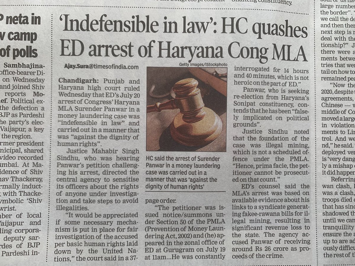 SanjDeep7's tweet image. Today's #newspaper is for all #respected #citizens; please read.

The #Punjab and #Haryana high court ruled that the #ED's arrest of #Congress MLA #SurenderPanwar was legally indefensible and violated human rights.

The court called for fair investigations respecting basic human