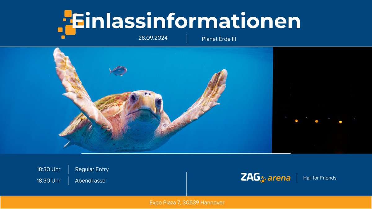 Einlassinformationen Planet Erde 3 in Hannover: 
- Regulärer Einlass ab 18:30 Uhr 
- Mitgebrachte Speisen und Getränke sind nur aus medizinischen Gründen erlaubt 
- Taschen bis zu der Größe A4 erlaubt 
- Die Abendkasse öffnet um 18:30 Uhr

#planeterde #orchester #planeterde_zag