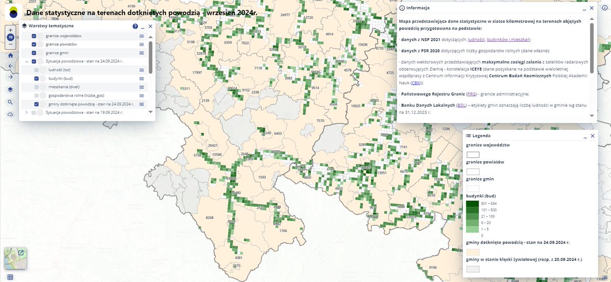 StatPoland's tweet image. In the #GeostatisticsPortal, a map was published showing #StatisticalData in a kilometer grid in the areas affected by the flood – as of 24.09.2024. The map is available in the geo.stat.gov.pl/app/cat/ Resources Catalog.

#StatisticsPoland #Flood2024
