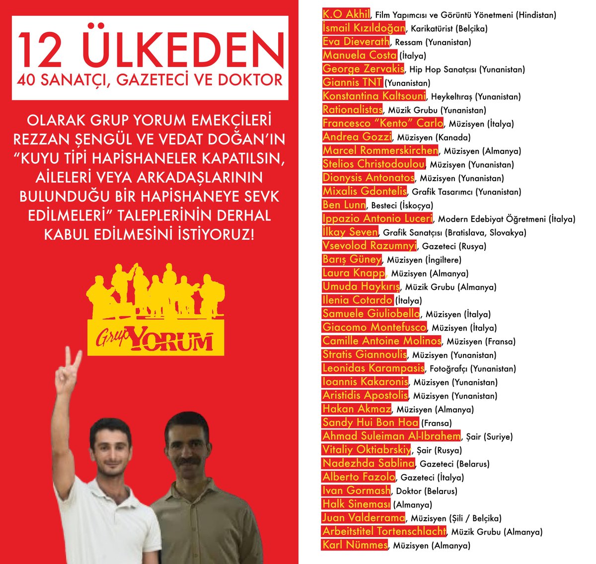 Grup_YORUM's tweet photo. 12 ülkeden 40 sanatçı, gazeteci ve doktordan tutsak Grup Yorum Emekçileri Rezzan Şengül ve Vedat Doğan’ın taleplerinin derhal kabul edilmesi için imza… https://t.co/DOWlP8zAAN