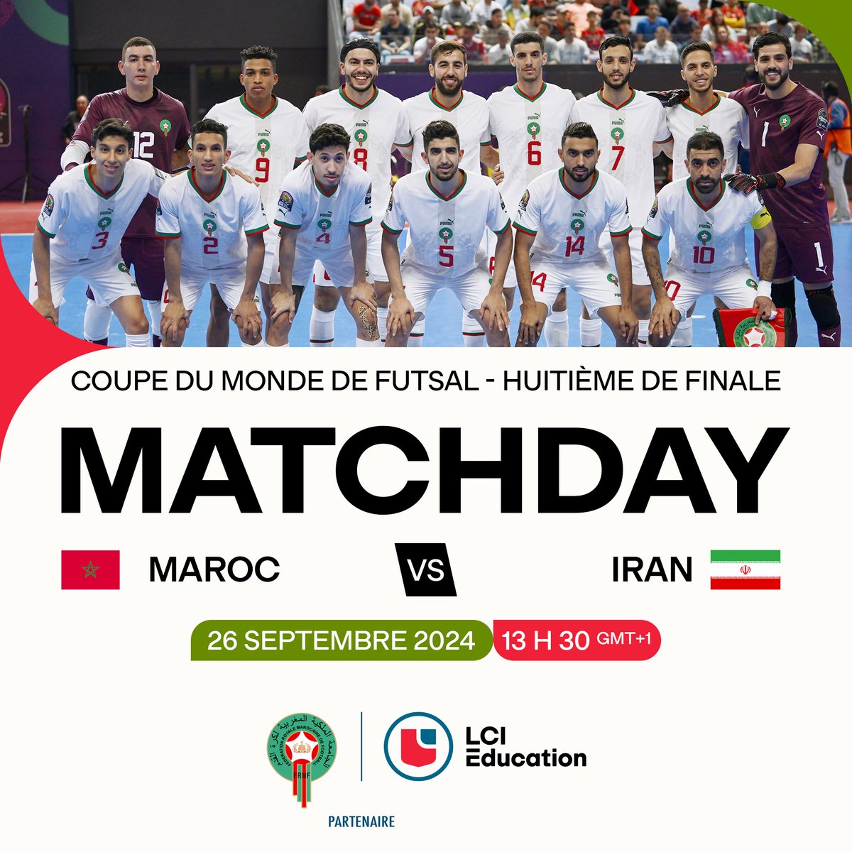 𝙈𝙖𝙩𝙘𝙝𝘿𝙖𝙮 🇲🇦⚡🇮🇷
Nos Lions sont prêts à rugir pour cette 8e de finale face à l’Iran ! Ensemble, on va chercher la victoire. 💪
HEM, membre de <a href="/LCIEducation/">LCI Education</a> – Partenaire officiel des Lions de l’Atlas, est derrière vous ! <a href="/FRMFOFFICIEL/">FRMF</a>
#DimaMaghrib #FutsalWorldCup