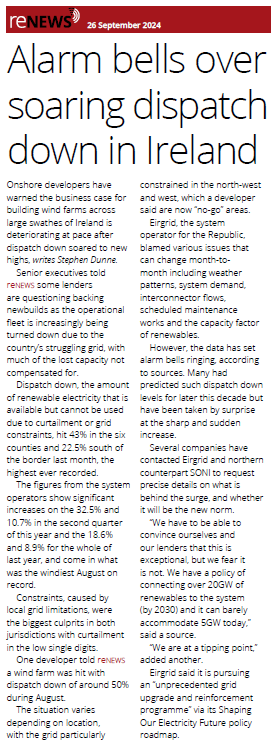 The amount of renewable energy available but not used last month -- due to contraints or curtailment -- reached 43% in Northern Ireland and 22.5% in the Republic last month according to an article in today's @Renews. #BuildourGrid