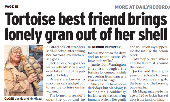 SWNS Leeds (@swnsleeds) on Twitter photo A mum has struck up a remarkable bond with a tortoise which she takes everywhere with her - including the pub.
Jackie Leek, 58, first bought Mr Miyagi for company when recovering from cancer 18 months ago.
๐<a href="/izzy_hawksworth/">Izzy Hawksworth</a>
๐ท @william_lailey A mum has struck up a remarkable bond with a tortoise which she takes everywhere with her - including the pub.
Jackie Leek, 58, first bought Mr Miyagi for company when recovering from cancer 18 months ago.
๐<a href="/izzy_hawksworth/">Izzy Hawksworth</a>
๐ท @william_lailey