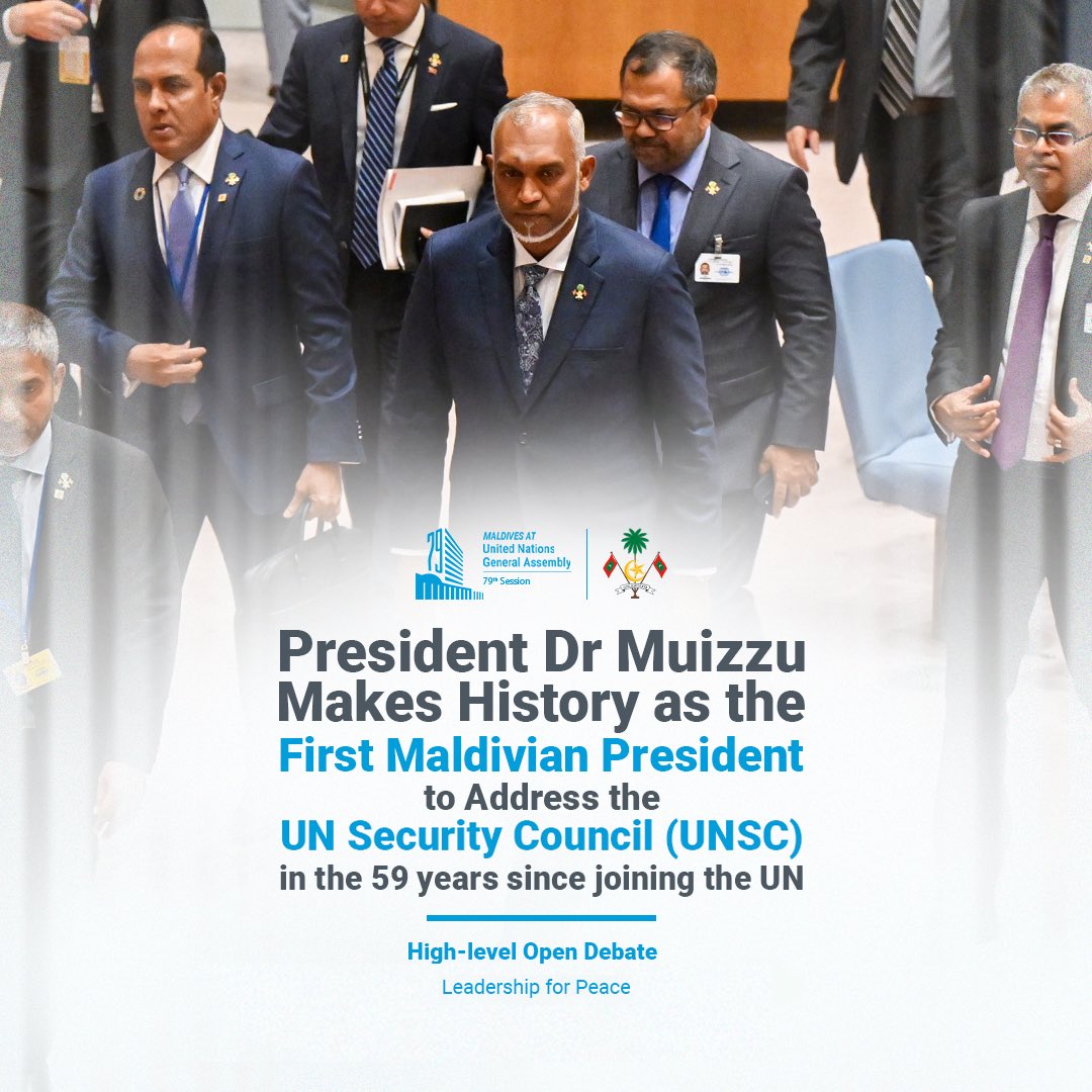 presidencymv's tweet photo. President Dr Muizzu makes history as the first Maldivian President to address the UN Security Council in the 59 years since the Maldives became a UN member.

#MaldivesAtUNGA79   
#UNGA79 https://t.co/nGbzZwPWws