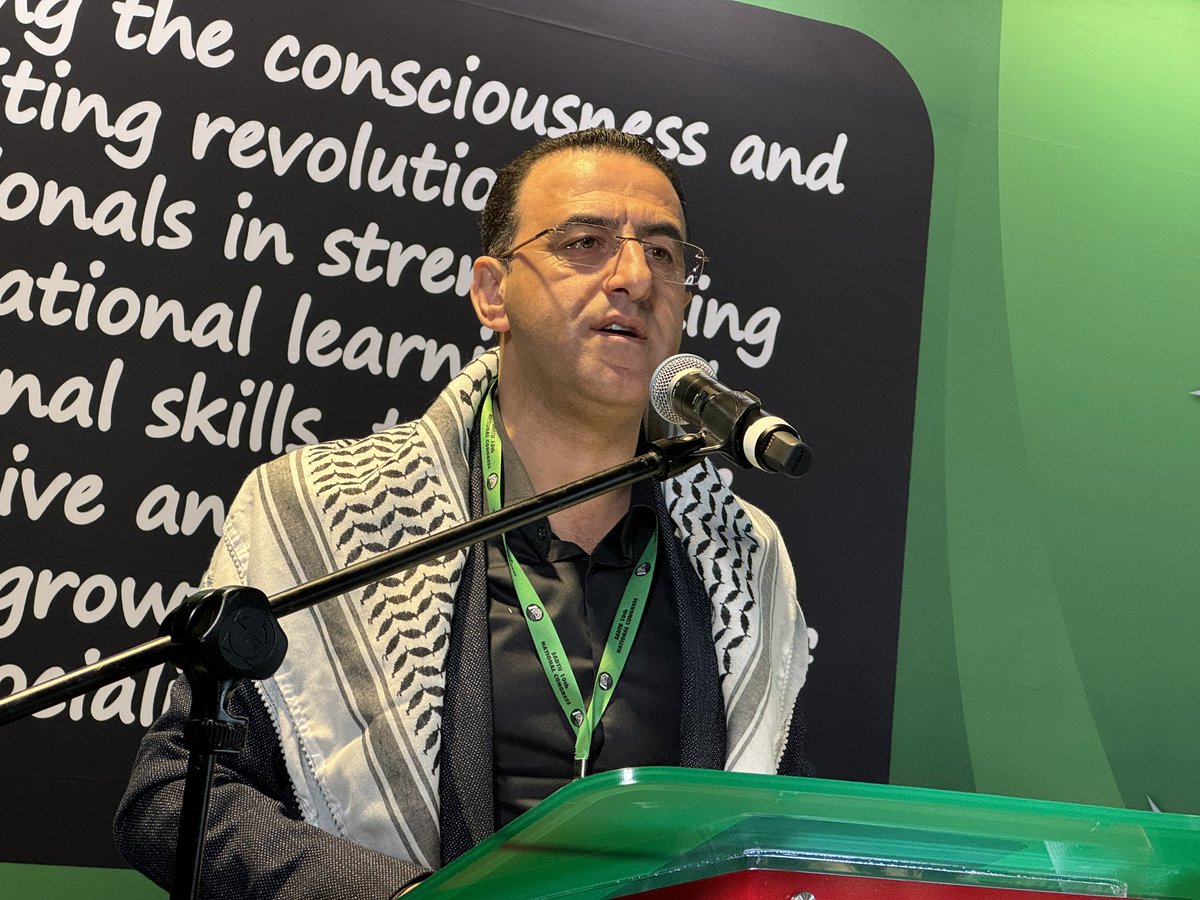 SadtuNational's tweet photo. GUPT General Secretary Saed Erziqat addressed the SADTU 10th National Congress, calling the situation in Palestine a "humanitarian disaster" with over 12,000 imprisoned and enduring severe hardships. @eduint @_cosatu @SABCNews https://t.co/AHpyfW1RNH