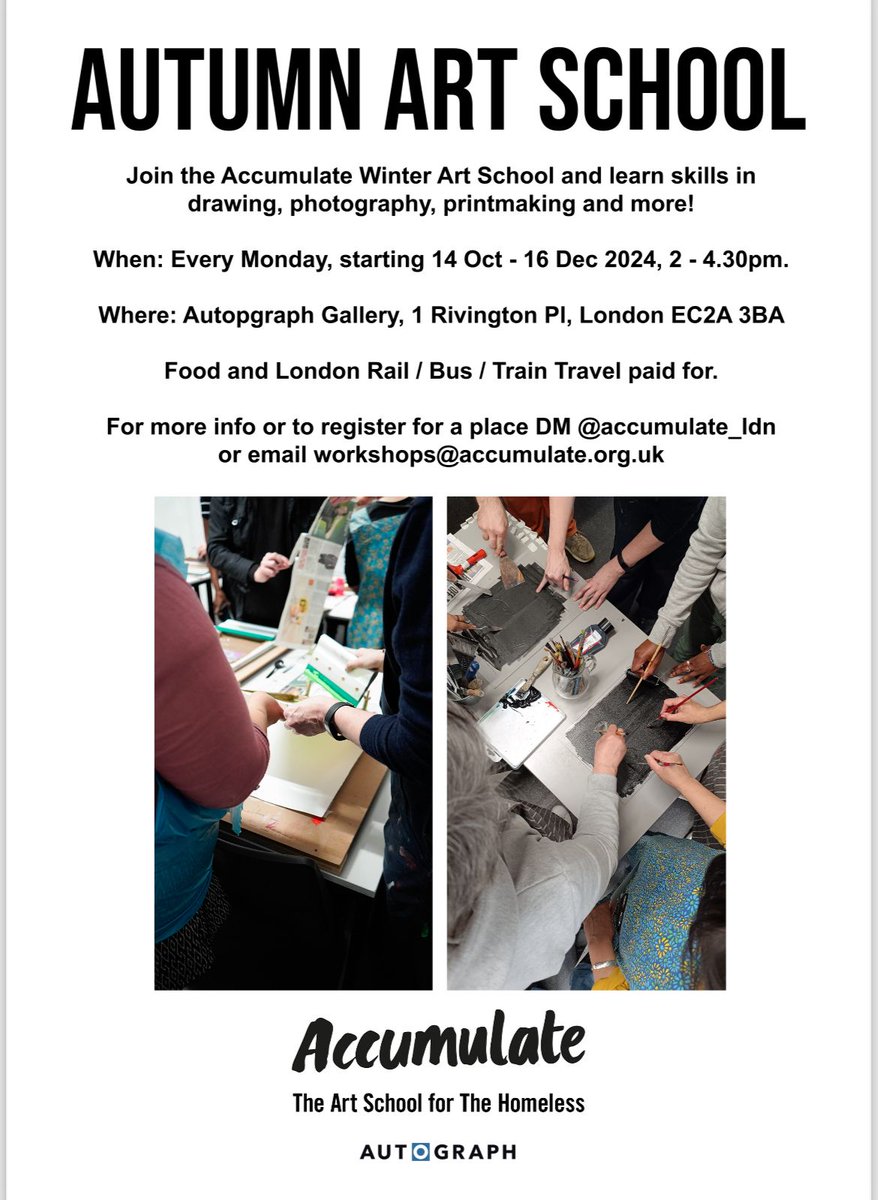 New course coming this October! 🍁 Join our Winter Art School programme &amp; learn new skills in drawing, photography &amp; printmaking. DM for more info #artschoolforthehomeless