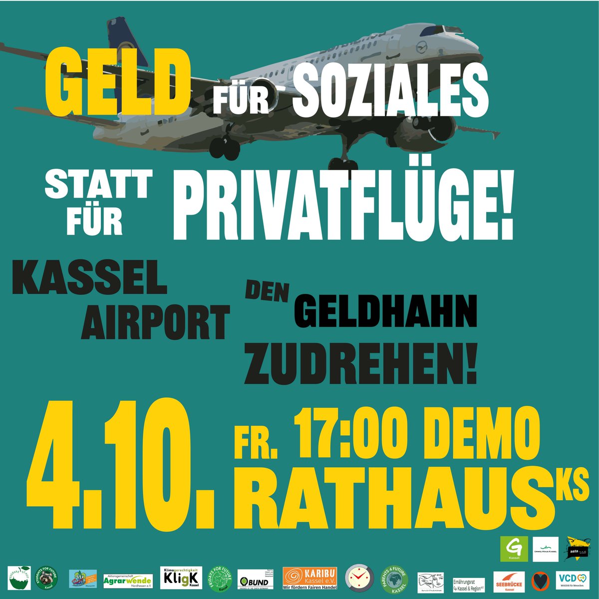 2.000 € #Subvention für jeden Start &amp; jede Landung bei ~25 Privatflügen/Tag am #KasselAirport?! Immer mehr Leute sehen ein: dieser Flughafen hat keine Zukunft. Komm mit am 4.10. um 17 Uhr Rathaus #Kassel auf die Straße. Alle Subventionen für klimaschädliche Privatflüge stoppen!