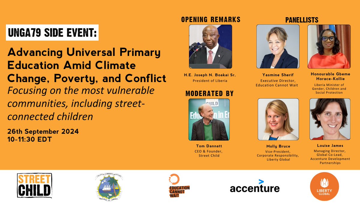Street Child (@streetchilduk) on Twitter photo Happening today at #UNGA79! 🌍
Street Child is hosting an all-women panel with global leaders in education & equality:
📢 Yasmine Sherif, <a href="/EduCannotWait/">Education Cannot Wait</a>
📢Hon. Gbeme Horace-Kollie, Liberia’s Minister of Gender
📢 Louise James, <a href="/AccentureUK/">AccentureUK</a>
📢 Molly Bruce, <a href="/libertyglobal/">Liberty Global</a> Happening today at #UNGA79! 🌍
Street Child is hosting an all-women panel with global leaders in education & equality:
📢 Yasmine Sherif, <a href="/EduCannotWait/">Education Cannot Wait</a>
📢Hon. Gbeme Horace-Kollie, Liberia’s Minister of Gender
📢 Louise James, <a href="/AccentureUK/">AccentureUK</a>
📢 Molly Bruce, <a href="/libertyglobal/">Liberty Global</a>