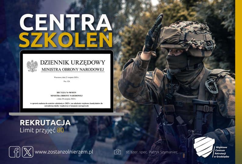 WCRGrudziadz's tweet photo. Rekrutacja do zawodowej służby wojskowej w korpusie szeregowych.📢
👉 Klub Centrum Szkolenia Łączności i Informatyki #CSŁiI
👉 Centrum Szkolenia Wojsk Specjalnych #CSzWS
🎯 Limit miejsc: 8️⃣0️⃣
#WojskoPolskie #ZostańŻołnierzem #DołączDoNas
@MON_GOV_PL @ZolnierzRP https://t.co/cmSOYFbxDo
