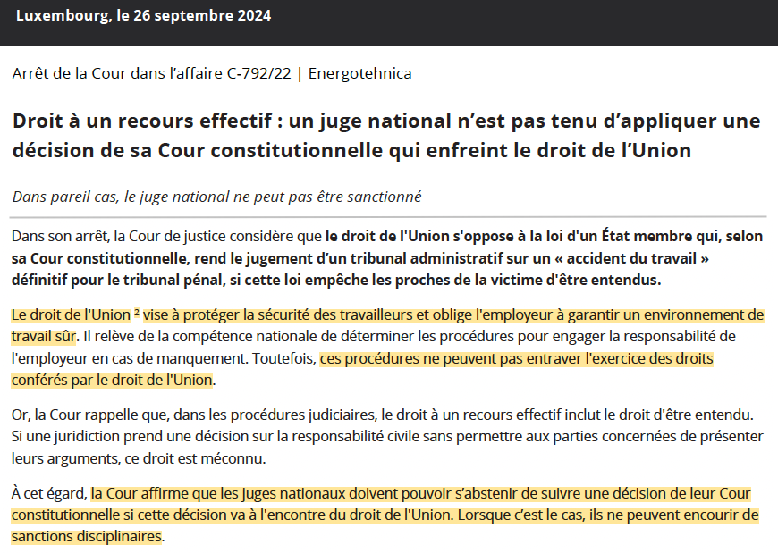 N_Hervieu's tweet photo. Constitution nationale &amp; droit de l'Union : La CJUE énonce que les juges nationaux ont le pouvoir (&amp; le devoir) d'écarter les décisions de leur Cour constitutionnelle.

Si celles-ci méconnaissent le droit de l'Union.

Et ces juges ne peuvent subir de sanctions en agissant ainsi. https://t.co/jj7TOBH9Tp