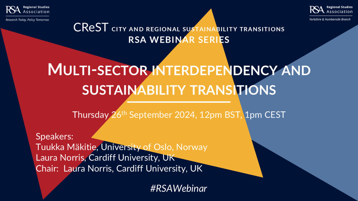 🚦Happening today (Thursday 26 Sept, 12pm BST / 1pm CEST) still time to register.

➡️ Multi-sector interdependency and sustainability transitions.
📢 <a href="/EconGeogCymru/">Laura Norris</a>  @TMakitie  Muditha Abeysekera

For more info and to register: bit.ly/crest2024

🔁😊