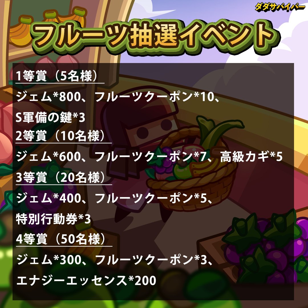 Survivor_ioJP's tweet photo. 【フルーツ抽選イベント、開催中！】 
イベント期間：9月26日～9月28日15時 
参加方法： 
1．投稿を「いいね!」、またはRPしてください。 https://t.co/qFgBwImTGJ