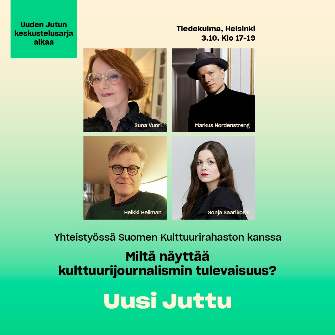 Tervetuloa Uuden Jutun ja @Skr_fi  paneelikeskusteluun kulttuurijournalismista. 

Millainen olisi kulttuurijournalismin paras mahdollinen tulevaisuus?

Tapahtumaan on vapaa pääsy ja sitä voi myös seurata etänä. 

📅 Facebook-kutsu: fb.me/e/5FSqu7v6g