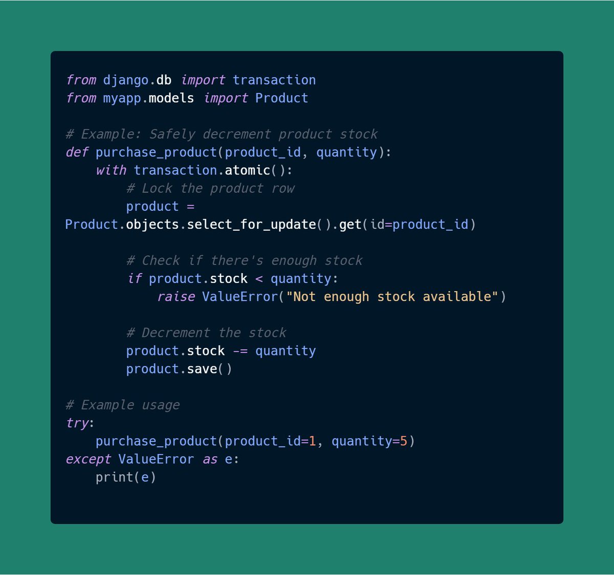 DevAsService's tweet image. 🔒 Django Trick

Use select_for_update to lock rows during transactions and prevent race conditions! 🌟 

#Django #WebDevelopment #DjangoTips #Concurrency #DataIntegrity