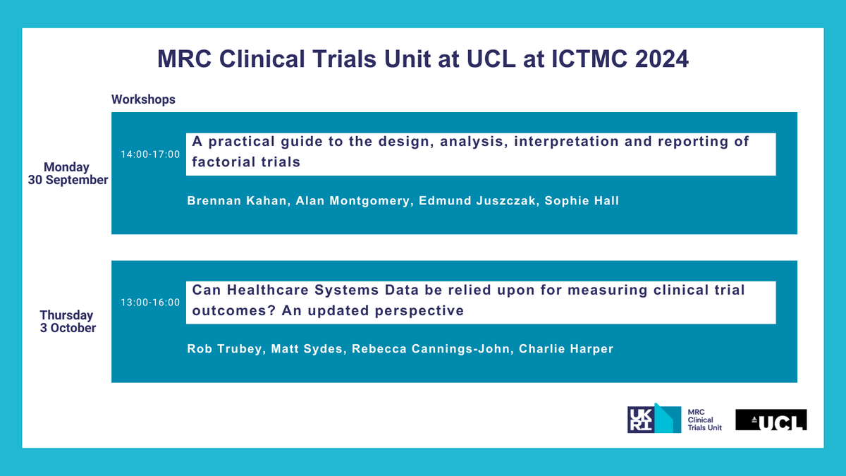 #ICTMC2024 starts on Monday, and our #ClinicalTrials methodology researchers will present a variety of talks, posters &amp; workshops.

📍Are you heading to Edinburgh next week? Don't miss out - find a schedule of our appearances throughout the conference: bit.ly/3N4vanG