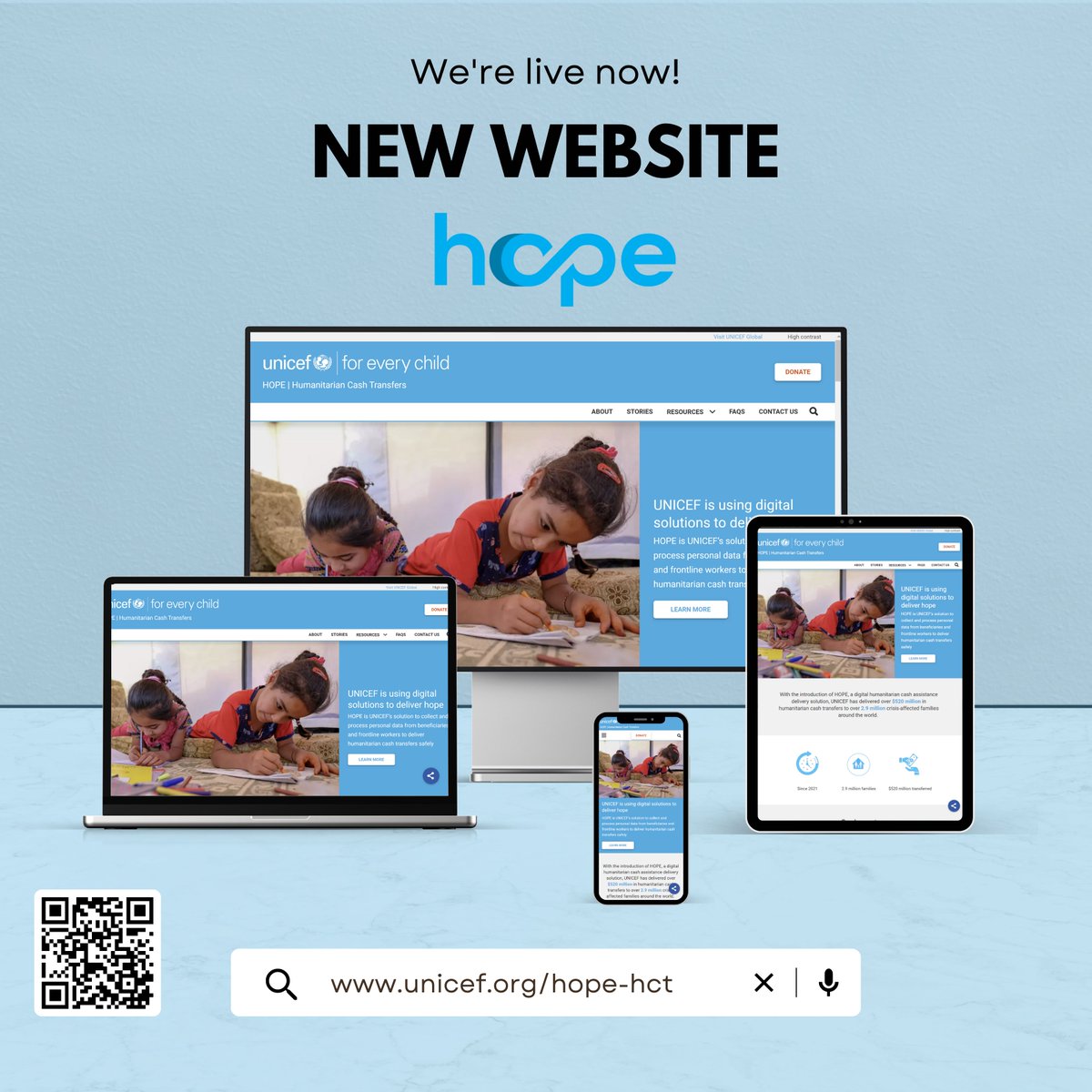 Through HOPE, UNICEF’s digital solution, we collect &amp; process personal data to safely deliver humanitarian cash transfers.

So far, we’ve provided over $520M to 2.9M crisis-affected families and their children worldwide.

Discover more on our new website: unicef.org/hope-hct/