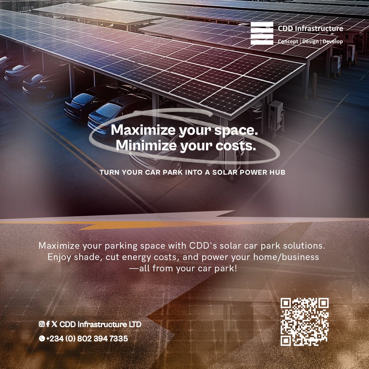 CDD_Nigeria's tweet photo. Why let your parking space go to waste? 

Transform it into a solar powerhouse—cut costs, stay shaded, and generate clean energy with CDD Infrastructure

#SolarParking  
#PowerYourSpace  
#SustainableEnergy  
#SolarSolutions  
#GreenEnergy  
#RenewablePower  
#SolarCarPark https://t.co/ukJProDZkQ