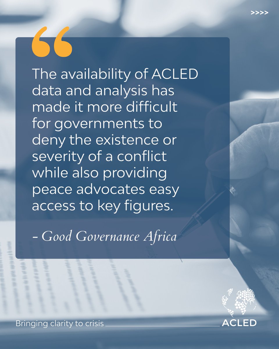 ACLEDINFO's tweet photo. Weekly testimonials | The ACLED team regularly provides the media with the latest figures on conflict events and fatalities, along with commentary on trends and dynamics. Today, we are proud to share perspectives from @GGA_org on the impact of ACLED data.